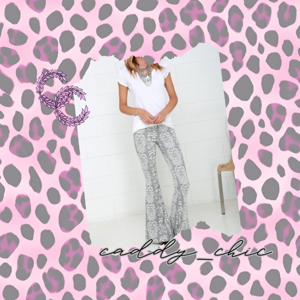NWT O'Neill Maisey Grey Print Flare Pants - Size Large - '70s-Inspired T…